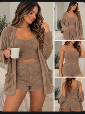 Women's cozy 3 Piece Open Front Cardigan Crop Tank Top/ Short Lounge Set